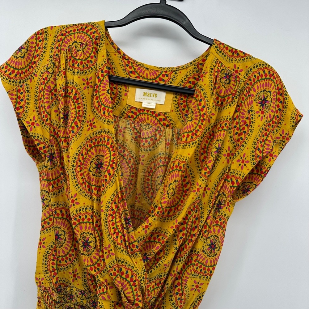 Maeve Anthropologie Blouse XS Yellow Red Print Tie Front Short Sleeve Womens Top